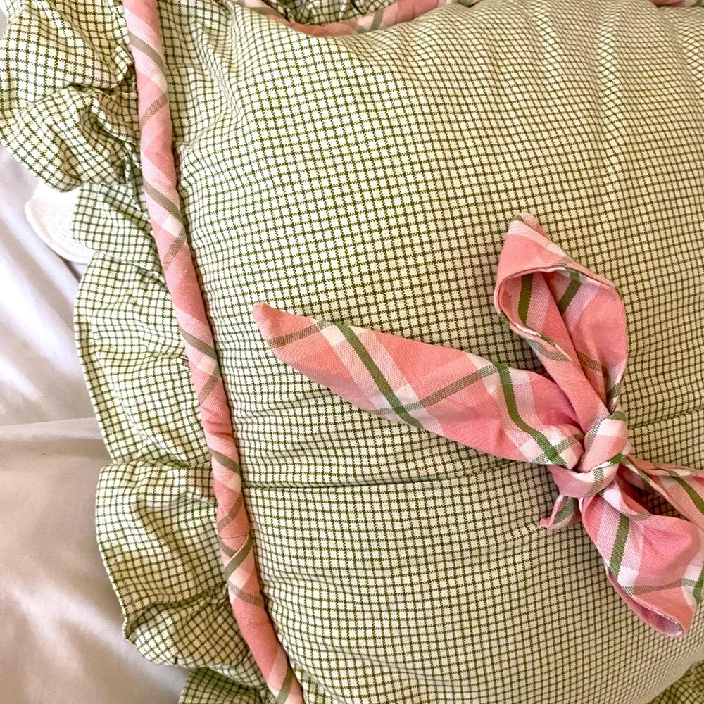 Pink & Green Piped Gingham and Plaid Pillow Sham by Luxury Designer Catfish Bite